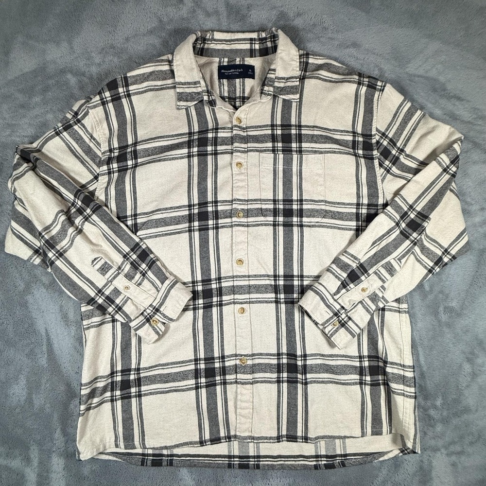 Abercrombie & Fitch Soft AF Flannel Shirt Mens Size XL Beige Plaid Cotton